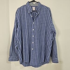 Brooks Brothers Blue Tartan Men's Textured Cotton Polo Button Up Size L